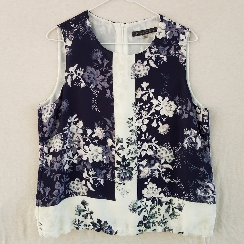 Rose&Olive, Navy Blue and White Floral Tank Top